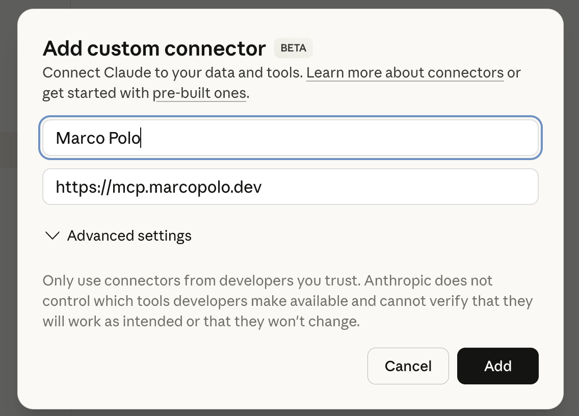 Add custom connector dialog showing Marco Polo name and https://mcp.marcopolo.dev URL