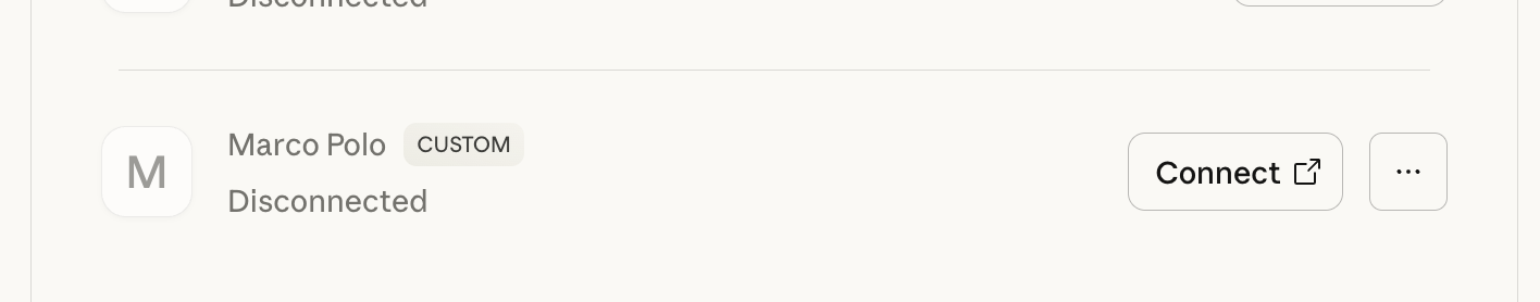 Marco Polo connector showing disconnected status with Connect button