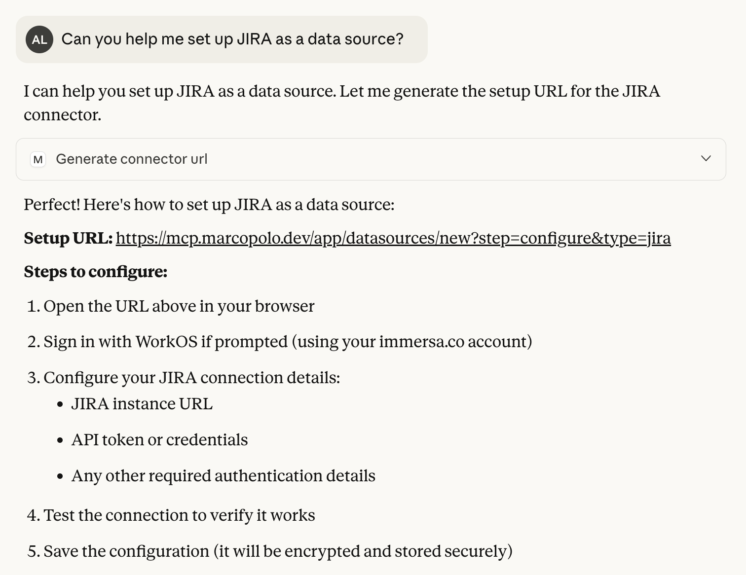 JIRA setup showing configuration URL and steps