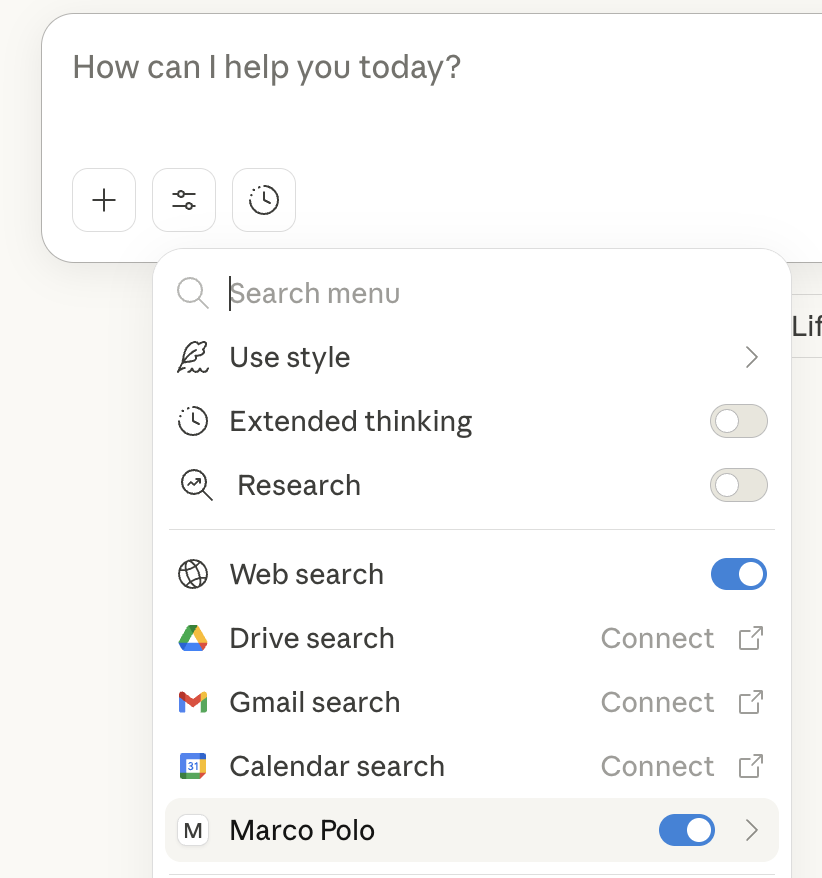 Chat menu showing Marco Polo enabled alongside other services