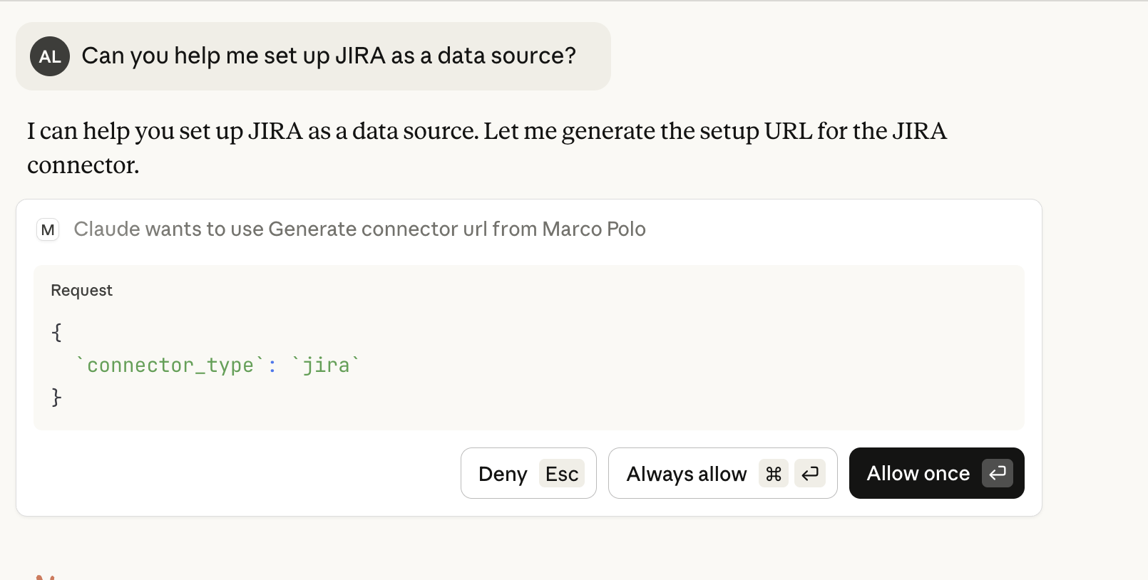 Tool approval dialog for Generate connector url from Marco Polo